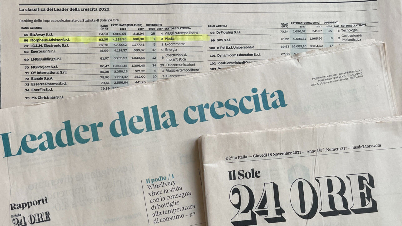 Growth leader 2022: AP ITALIAN LUXURY- MORPHEUS ADVISOR S.R.L awarded for  the second consecutive year by Il Sole 24 ORE - Ap Italian Luxury